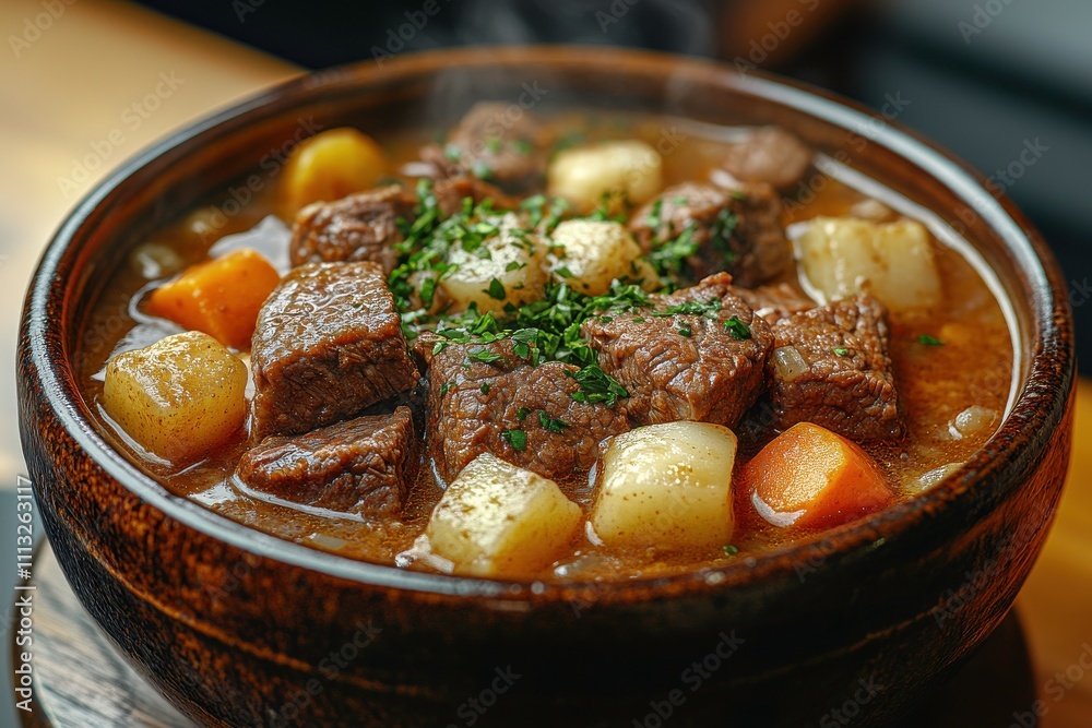 A hearty beef stew with potatoes and carrots in a rustic bowl, steaming and inviting. A hearty beef stew with potatoes and carrots in a rustic bowl, steaming and inviting.
