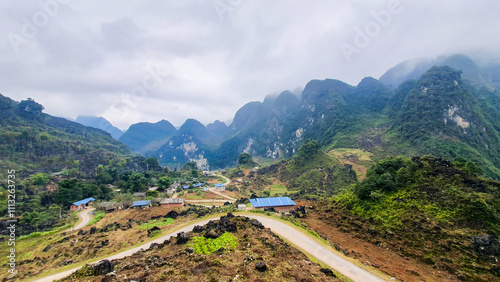 Beautiful Landscape Of Vietnamese Village And Magnificent Limestone Mountains In Ha Giang Province, Vietnam. Ha Giang Has A Unique Natural Beauty In Northern Vietnam.