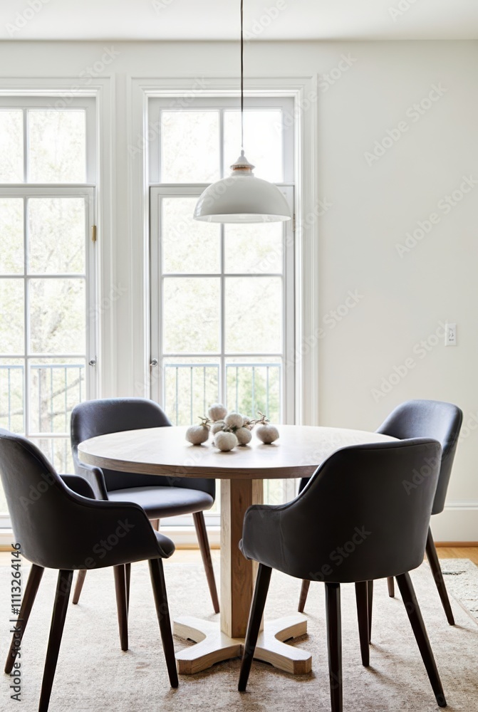 Fototapeta premium Elegant Dining Room Featuring Velvet Chairs and Natural Light With a Contemporary Table Setting. Generative AI