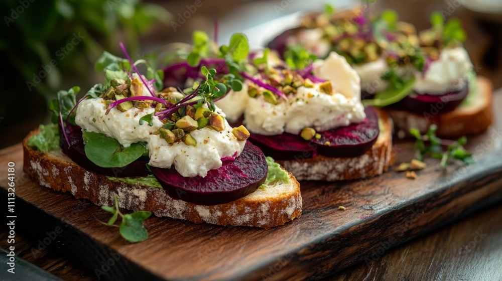 Three slices of toasted bread topped with a layer of green pesto, sliced beets, creamy ricotta cheese, pistachio nuts, and microgreens, served on a wooden board. Three slices of toasted bread topped with a layer of green pesto, sliced beets, creamy ricotta cheese, pistachio nuts, and microgreens, served on a wooden board.