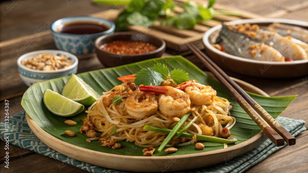 Classic shrimp pad thai served on a banana leaf with fresh lime Classic shrimp pad thai served on a banana leaf with fresh lime