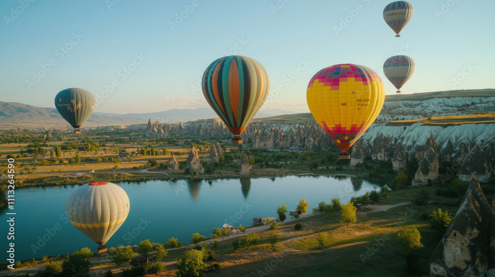 Fototapeta premium 3d isolated hoy air balloon basket travel illustration on transparent background. Realistic aerostat set in red, blue and yellow stripe for adventure and recreation. Summer ballooning leisure journey