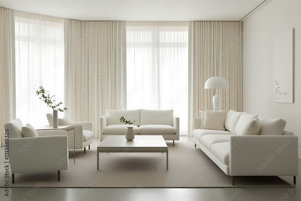 Minimalist living room with white sofas, curtains, and coffee table. Minimalist living room with white sofas, curtains, and coffee table.