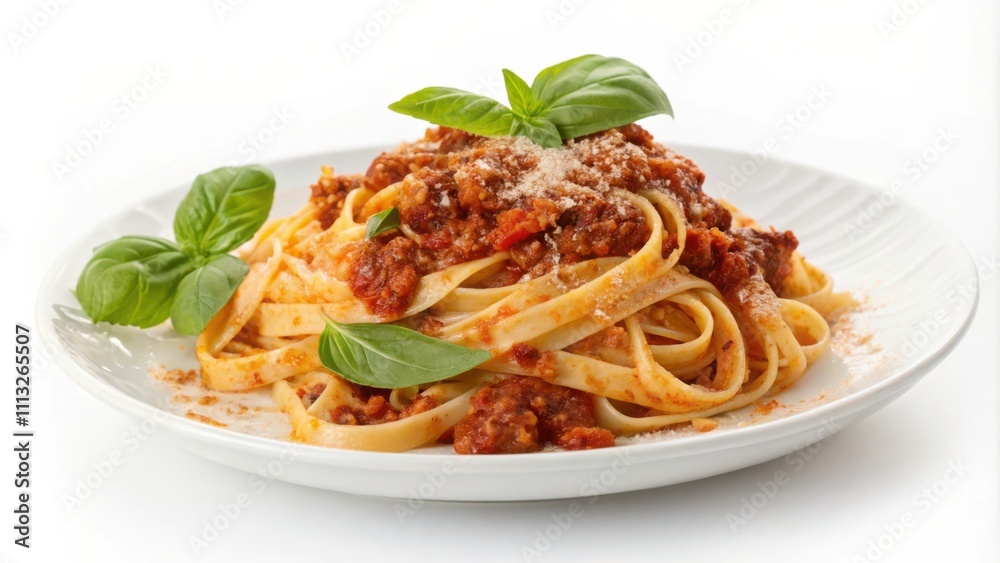 Delicious Pasta Bolognese With Basil Displayed on a Standard White Plate. Generative AI Delicious Pasta Bolognese With Basil Displayed on a Standard White Plate. Generative AI