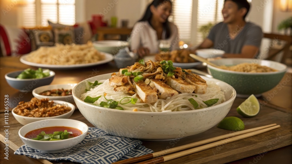 Rice noodle platter for sharing with family in a cozy setting Rice noodle platter for sharing with family in a cozy setting