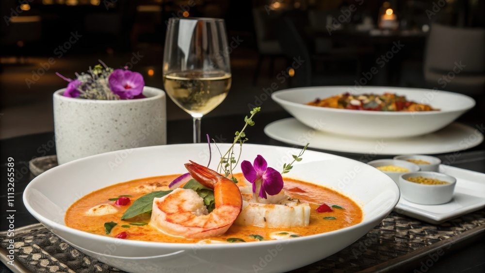 Seafood Tom Kha in Modern Fusion Restaurant Setting Seafood Tom Kha in Modern Fusion Restaurant Setting