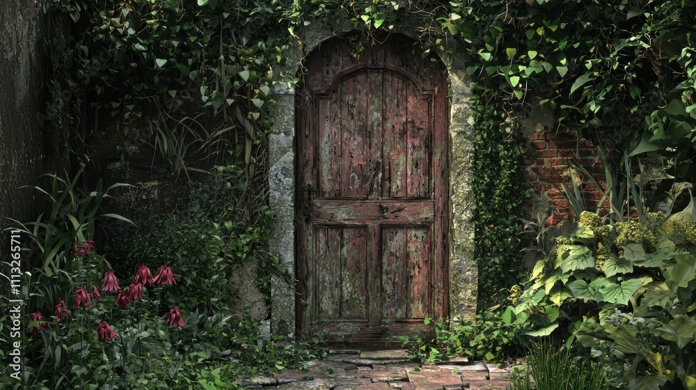 A distressed wooden door with chipped paint, framed by vines and greenery in a cozy garden setting A distressed wooden door with chipped paint, framed by vines and greenery in a cozy garden setting
