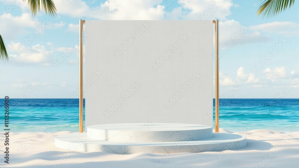 Elegant Beach Wedding Decor: Bamboo Frame on Sandy Shore with Turquoise Ocean and Palm Trees Elegant Beach Wedding Decor: Bamboo Frame on Sandy Shore with Turquoise Ocean and Palm Trees