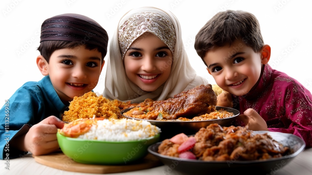 Happy Muslim children enjoying a delicious meal together. Happy Muslim children enjoying a delicious meal together.