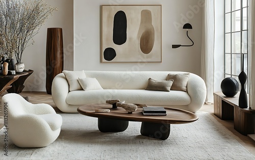 Modern living room with cream sofa, organic coffee table, and abstract art.