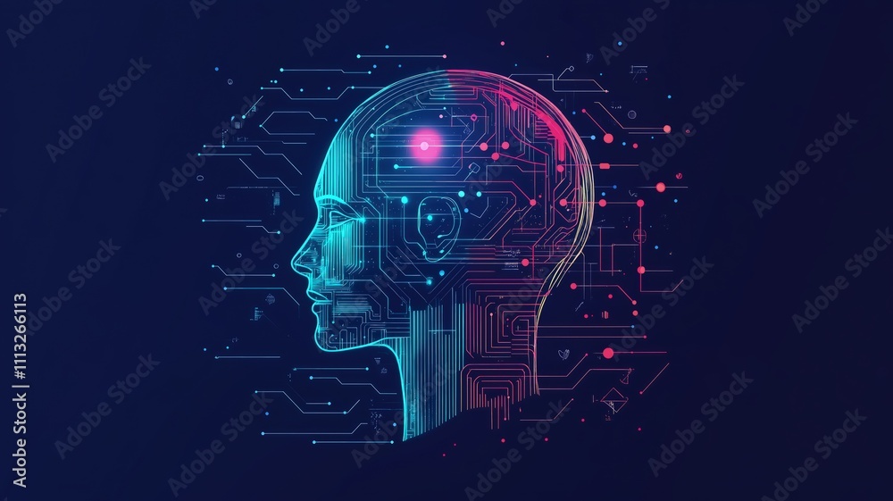 A digital representation of a human head with circuit patterns, symbolizing AI and technology.