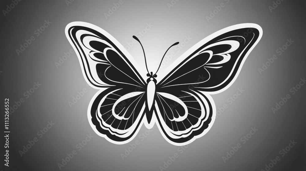 Stylized black and white butterfly design featuring intricate patterns and symmetrical wings on a simple gray background Stylized black and white butterfly design featuring intricate patterns and symmetrical wings on a simple gray background