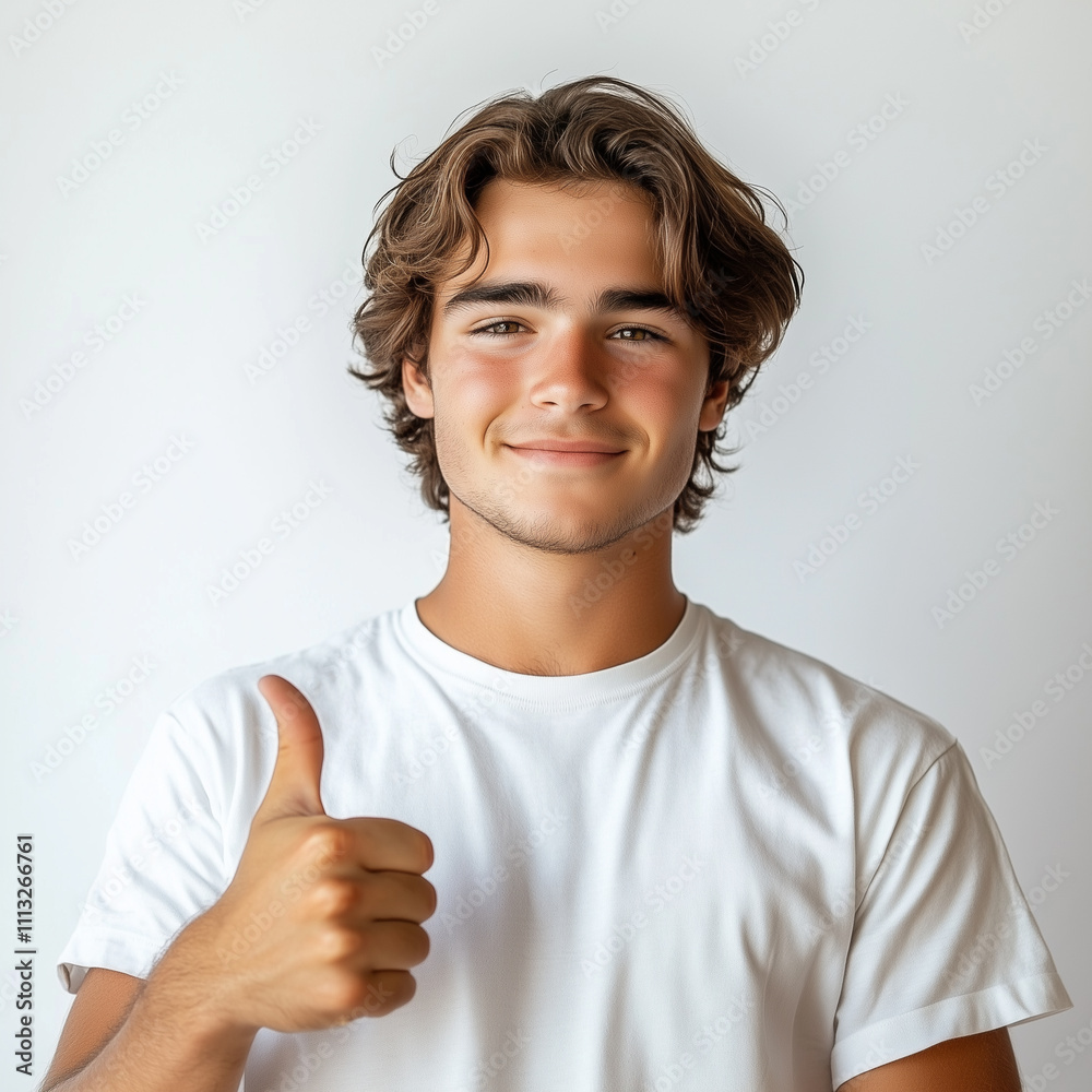 young man shows thumbs up pose, isolated on white background young man shows thumbs up pose, isolated on white background