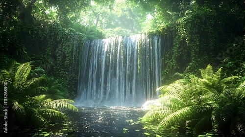 A stunning waterfall cascading into a serene pool surrounded by lush green ferns, creating a tranquil and enchanting atmosphere in a vibrant forest setting.
