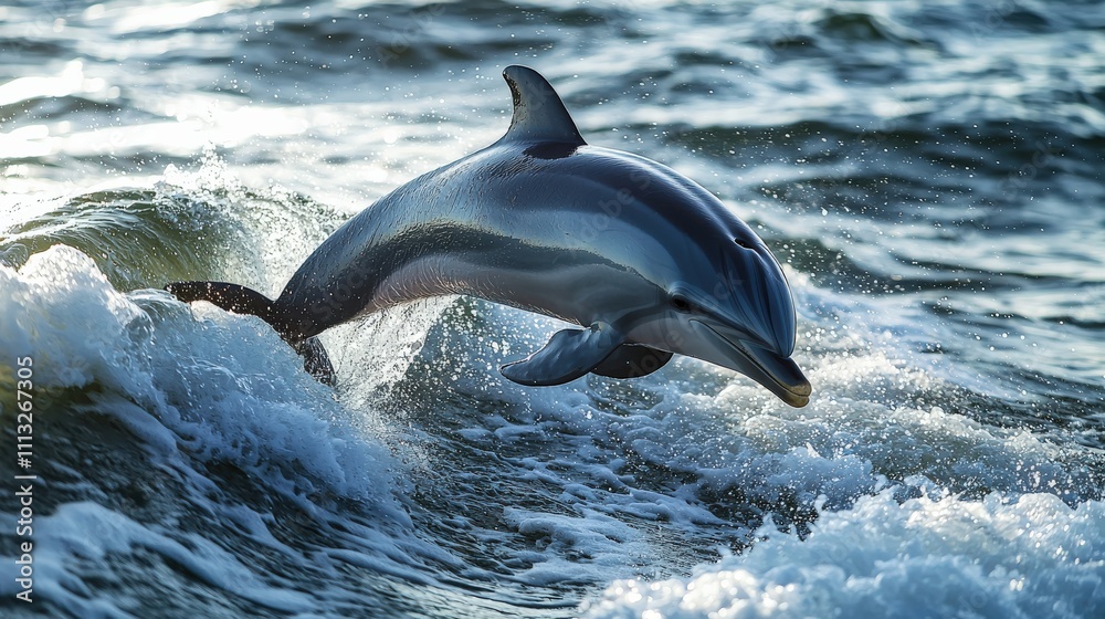 Obraz premium A dolphin leaps gracefully from the ocean waves, showcasing its agility and playfulness in a vibrant marine environment.