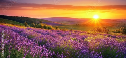 Lavender Field at Sunset with Vibrant Colors and Rolling Hills in the Background