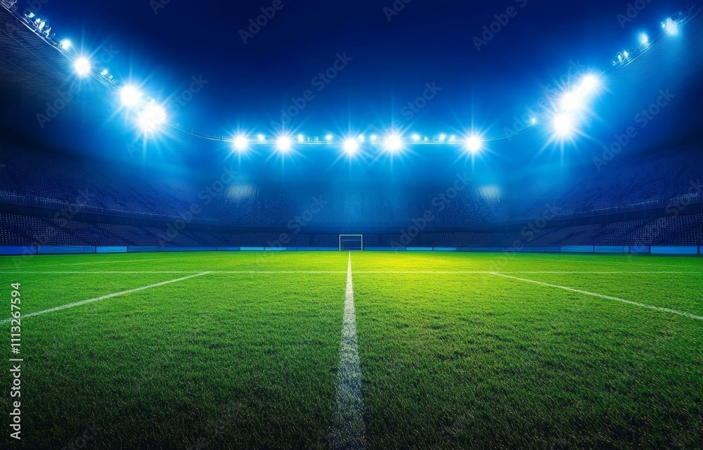 Obraz premium Empty Football Stadium Night Scene with Bright Lights and Green Grass Field