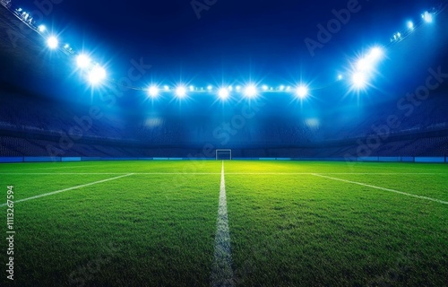 Empty Football Stadium Night Scene with Bright Lights and Green Grass Field