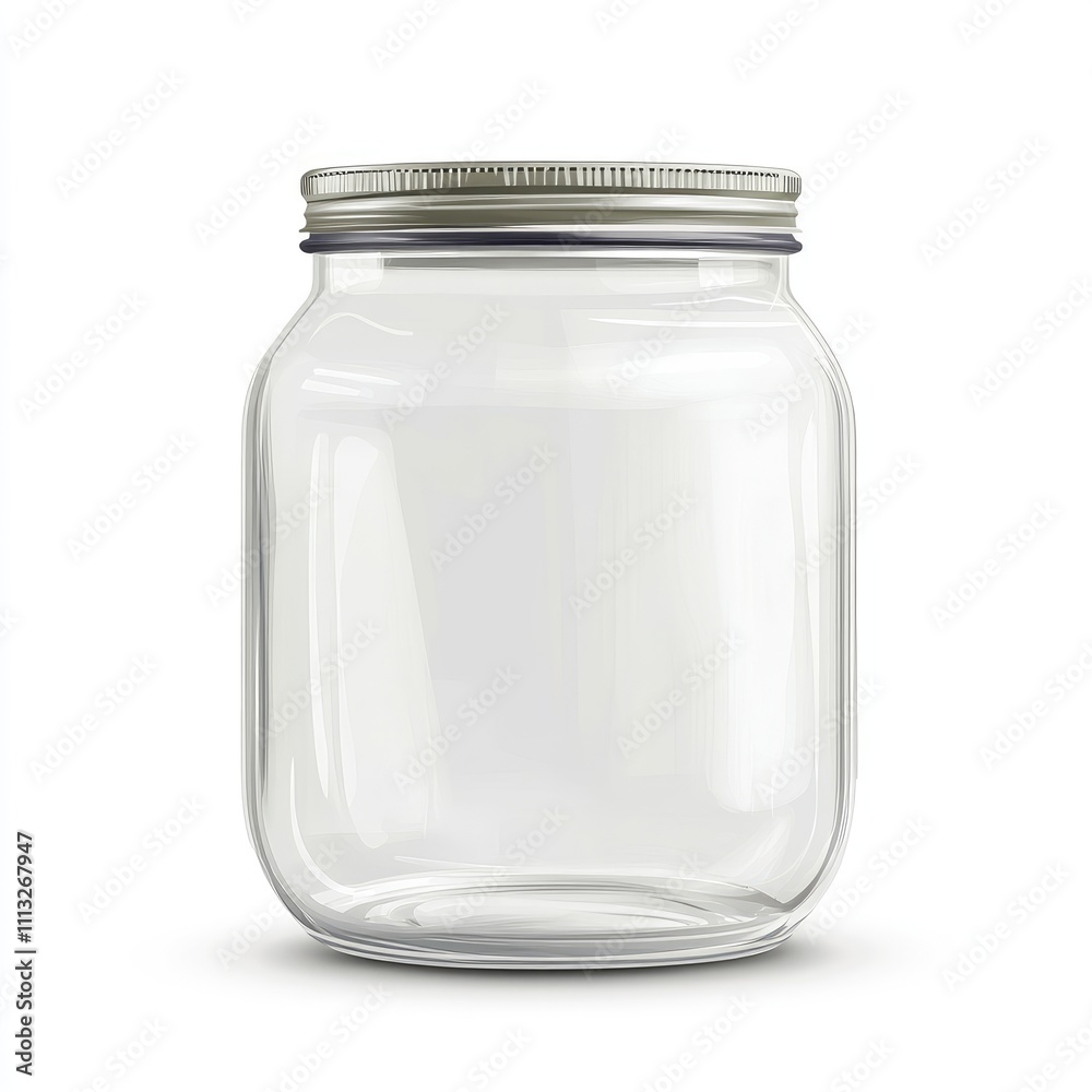 A clear glass jar with a metallic lid, suitable for storage or preservation. A clear glass jar with a metallic lid, suitable for storage or preservation.