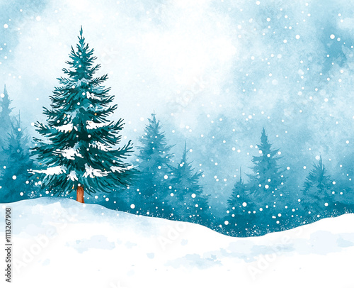 Christmas tree against snowy landscape with fir trees.