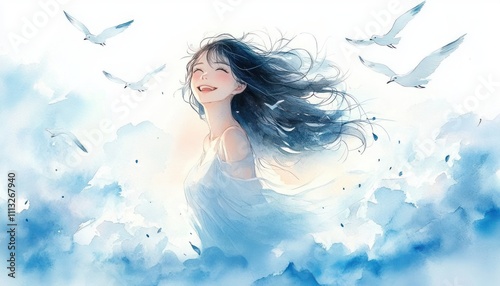 Sky and Smiling Woman Illustration
