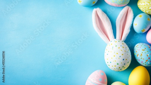 Easter party decorations featuring colorful bunny ears and pastel eggs on a blue background photo