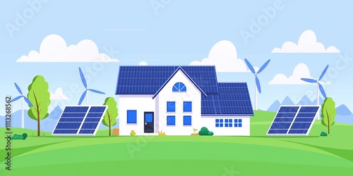 Eco-Friendly Home with Solar Panels and Wind Turbines in a Green Landscape Illustration