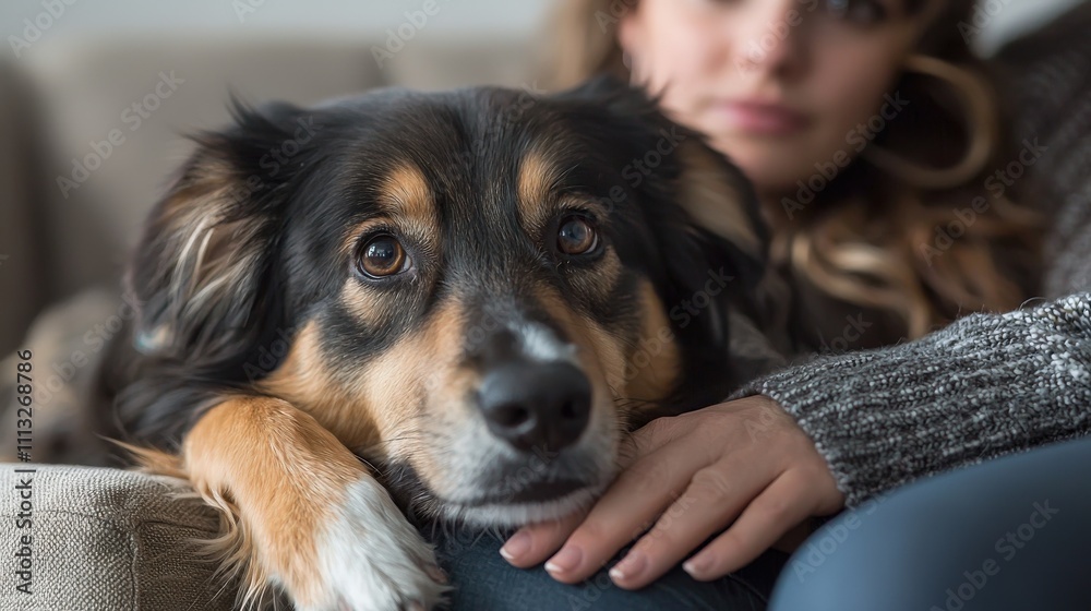 A cozy moment featuring a dog resting its head on a person's lap, showcasing companionship and comfort in a home setting. A cozy moment featuring a dog resting its head on a person's lap, showcasing companionship and comfort in a home setting.