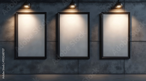 Fototapeta Naklejka Na Ścianę i Meble -  Blank movie posters illuminated by spotlights. Vector realistic mockup of white picture in black frames on gray tiled wall in cinema, theater hallway or gallery. Empty advertising banners with lamps