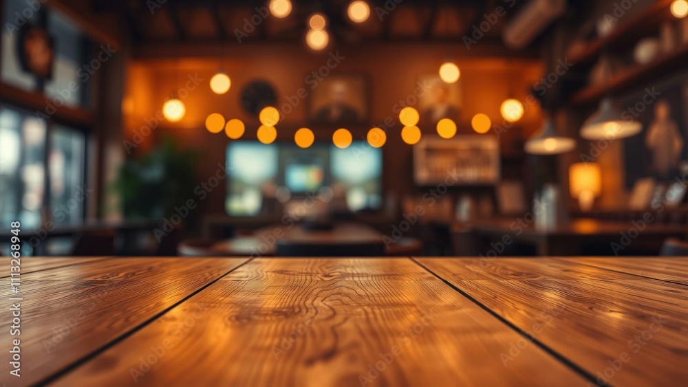 Cozy Wooden Table in Warmly Lit Restaurant: Perfect for Showcasing Products or Creating Inviting Scenes Cozy Wooden Table in Warmly Lit Restaurant: Perfect for Showcasing Products or Creating Inviting Scenes