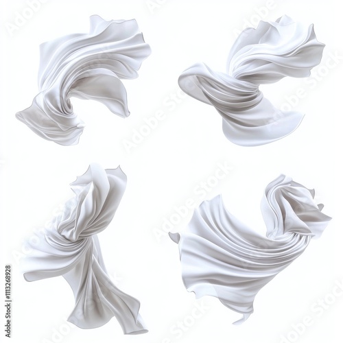 Four flowing white fabric designs showcasing dynamic movement and texture.