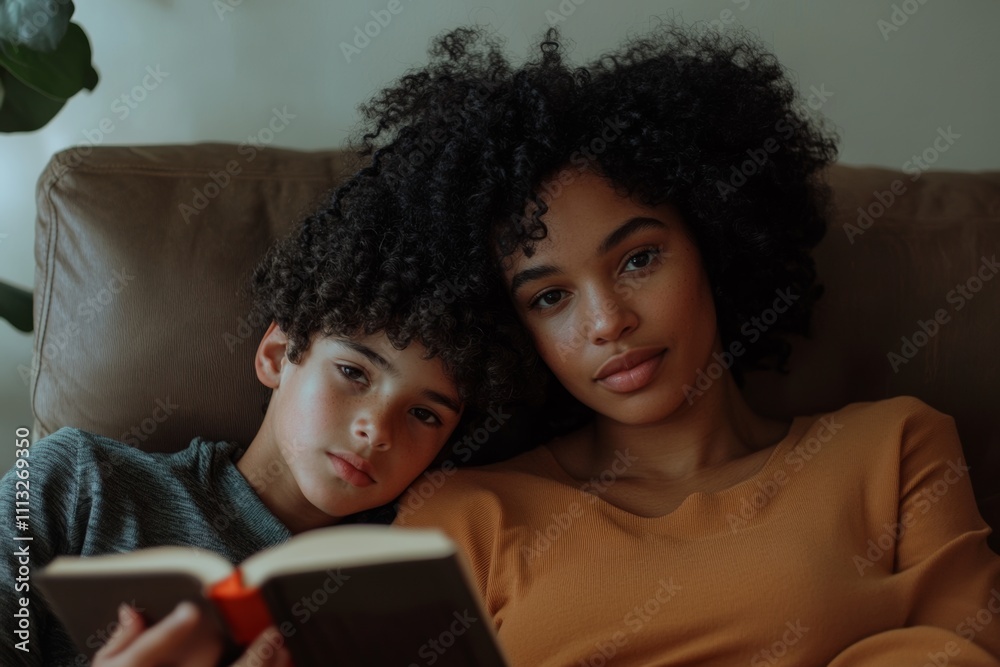 Mother and son share a quiet reading moment in a serene modern home setting filled with natural light Mother and son share a quiet reading moment in a serene modern home setting filled with natural light