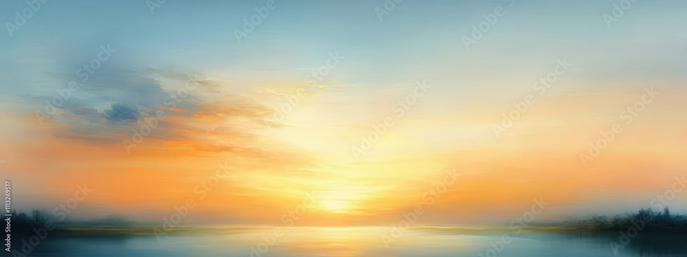 Fototapeta premium Serene Sunrise Landscape Soft Pastel Colors Impressionist Style Gentle Brush Strokes Warm Light Ethereal Atmosphere Wide Angle
