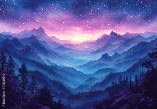 Dreamy Cosmic Landscape Watercolor Illustration Night Sky with Stars and Gradation Blue Purple photo