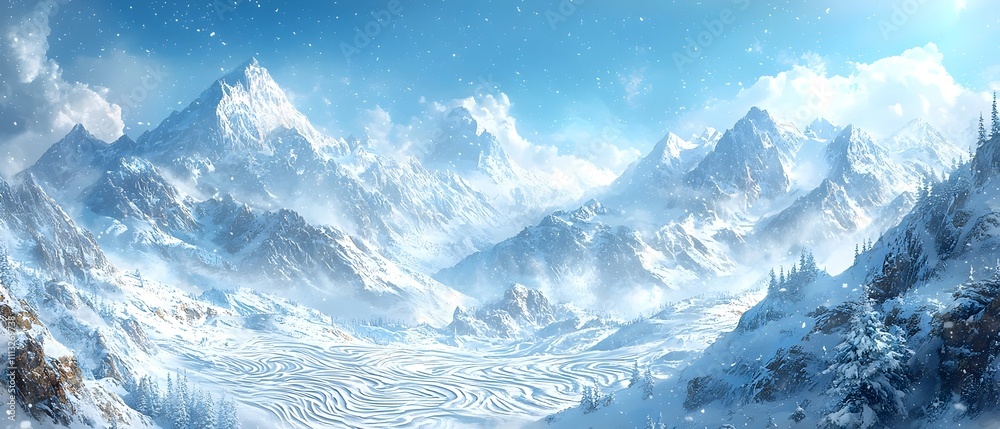 Fototapeta premium A breathtaking winter landscape showcasing majestic snow-covered mountains under a bright blue sky, with gentle snowfall and a frozen valley beneath.