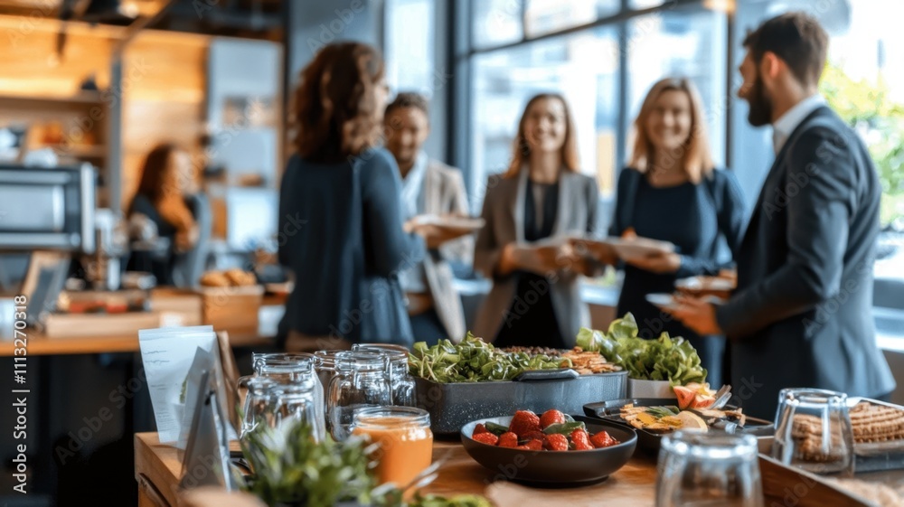 Free Meals Office. A lively business event at a cafe featuring a group of professionals engaging and enjoying fresh food in a modern setting. Free Meals Office. A lively business event at a cafe featuring a group of professionals engaging and enjoying fresh food in a modern setting.