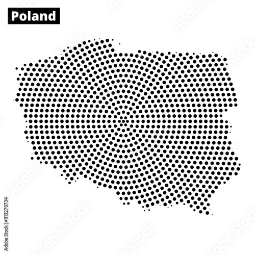 Map of Poland represented in a dot pattern showcasing geographical features and borders