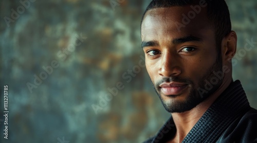 A man with a determined expression stands confidently, his face illuminated by soft light. The textured background highlights his features and captures a moment of poise and strength.