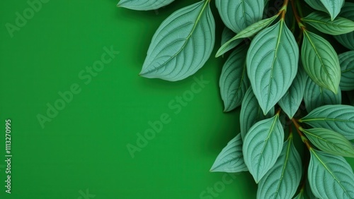 Vibrant Green Leaves on Solid Green Background - Perfect for Nature-Themed Wallpapers, Web Designs, and Eco-Friendly Branding photo