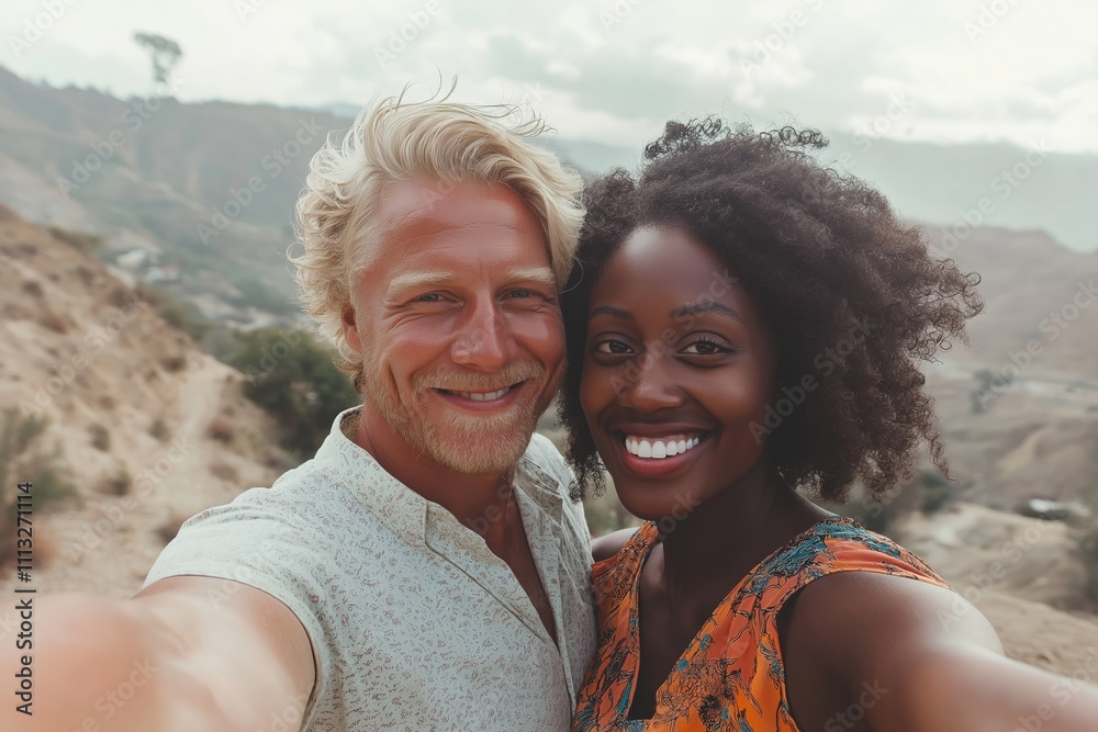 Joyful interracial couple takes selfie in stunning mountain landscape during bright daylight Joyful interracial couple takes selfie in stunning mountain landscape during bright daylight