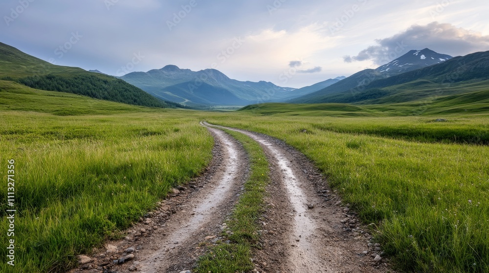 Serene Road Through Vibrant Landscape Under Cloudy Sky Serene Road Through Vibrant Landscape Under Cloudy Sky