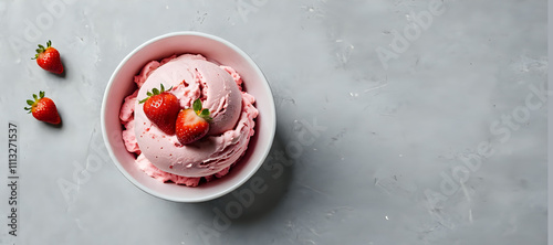 top view of  strawberry ice cream with fresh strawberries in cup isolated on grey backdrop, 300dpi, empty space for text. Minimal summer food concept.