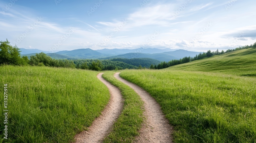 Serene Landscape with Curved Pathway Amidst Lush Greenery