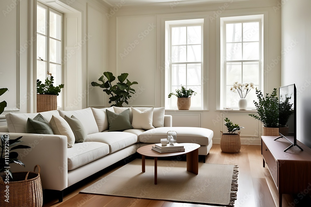 Fototapeta premium Modern living room with sectional sofa, coffee table, plants, and hardwood floors.