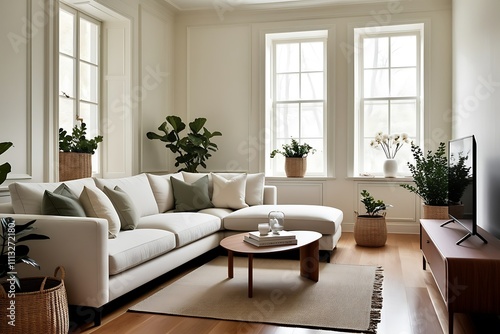 Modern living room with sectional sofa, coffee table, plants, and hardwood floors.