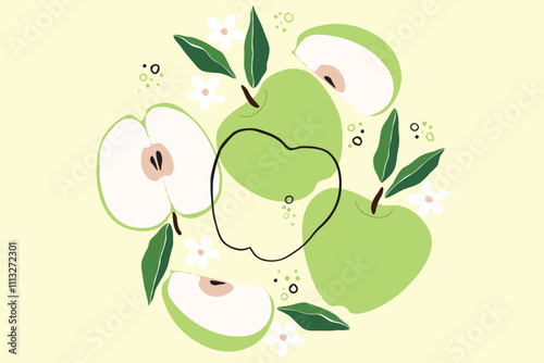 Vector seamless pattern with green apple line art.  Seamless decorative background with green apples. Bright summer design