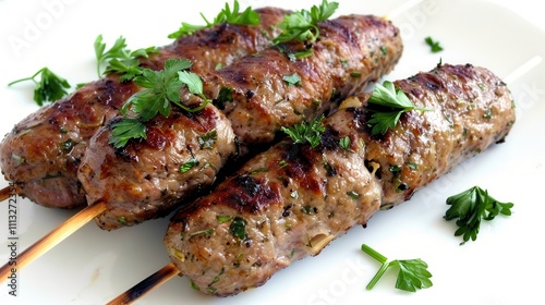 Beef kebab with fresh garnish satisfies. Grilled meat skewers with herbs