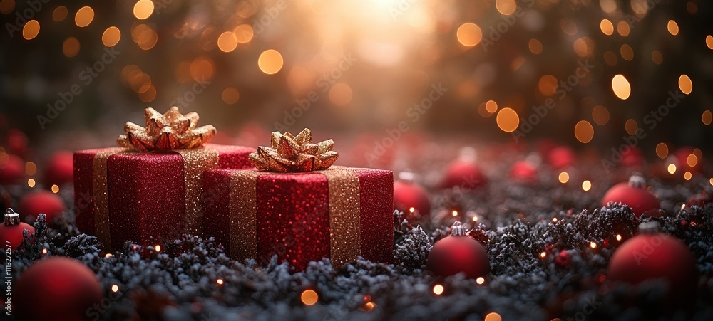 Red Gold Christmas Gifts Festive Holiday Celebration with Bokeh Lights and Christmas Tree Closeup Red Gold Christmas Gifts Festive Holiday Celebration with Bokeh Lights and Christmas Tree Closeup