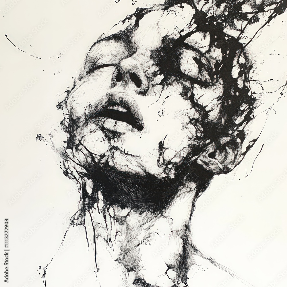 Abstract ink portrait; shattered, anguished face.