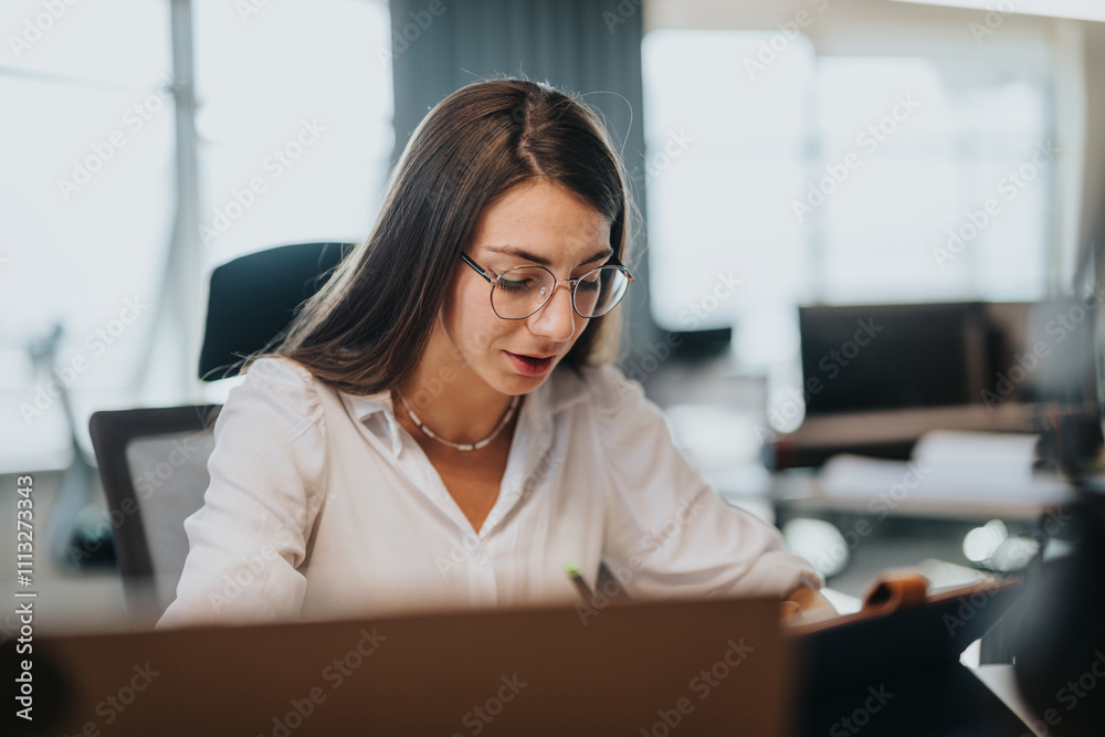 Confident business employee focused on tasks at a contemporary office. The image shows a professional woman working diligently on paperwork with concentration and dedication. Ideal for business and Confident business employee focused on tasks at a contemporary office. The image shows a professional woman working diligently on paperwork with concentration and dedication. Ideal for business and